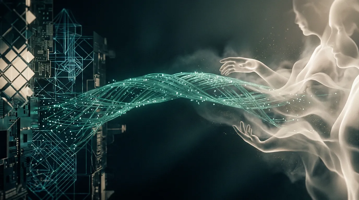 Eine leuchtende Datenbrücke fließt von einem technischen Raster in organische, menschliche Formen.